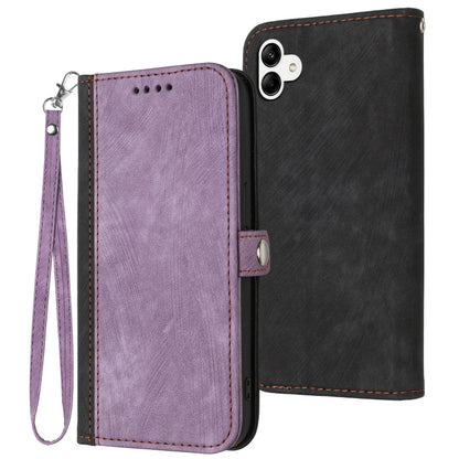 Purple leather phone case folio with side buckle, double-fold design, wrist strap.