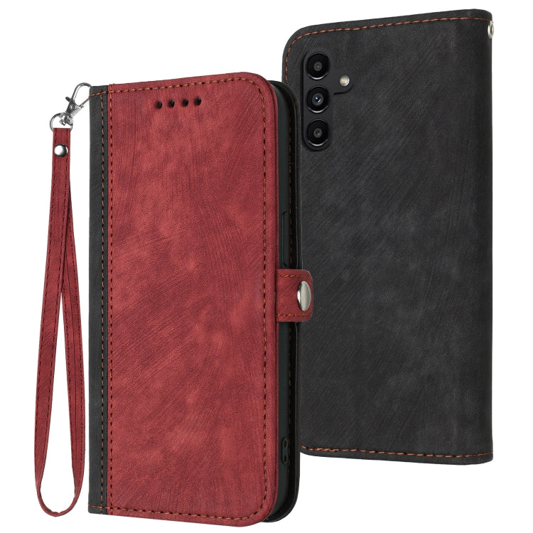 Leather phone case with wrist strap, double-fold design; red front and black back, side button access.