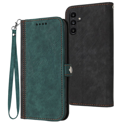 Leather phone case with wrist strap, double-fold design; dark green front and black back, stitched edges.