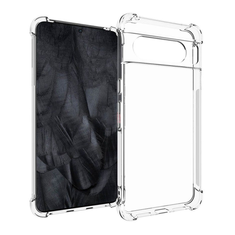Clear TPU phone case with raised edges and protective corners over a dark device
