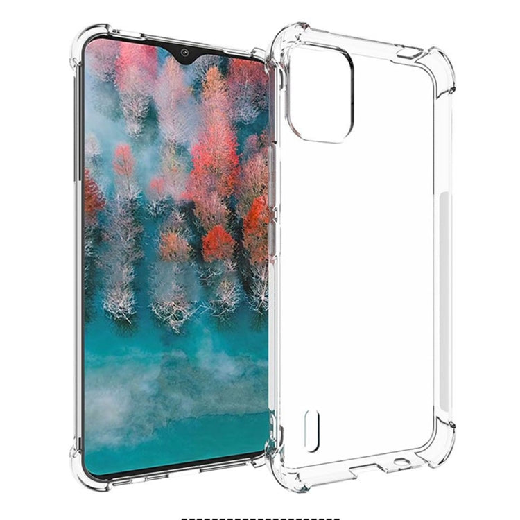 Clear TPU phone case with shockproof bumper and port cutouts over colorful screen
