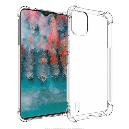 Clear TPU phone case with shockproof bumper and port cutouts over colorful screen