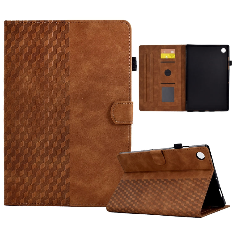 Brown rhombus-embossed leather tablet case with front stand and side magnetic closure