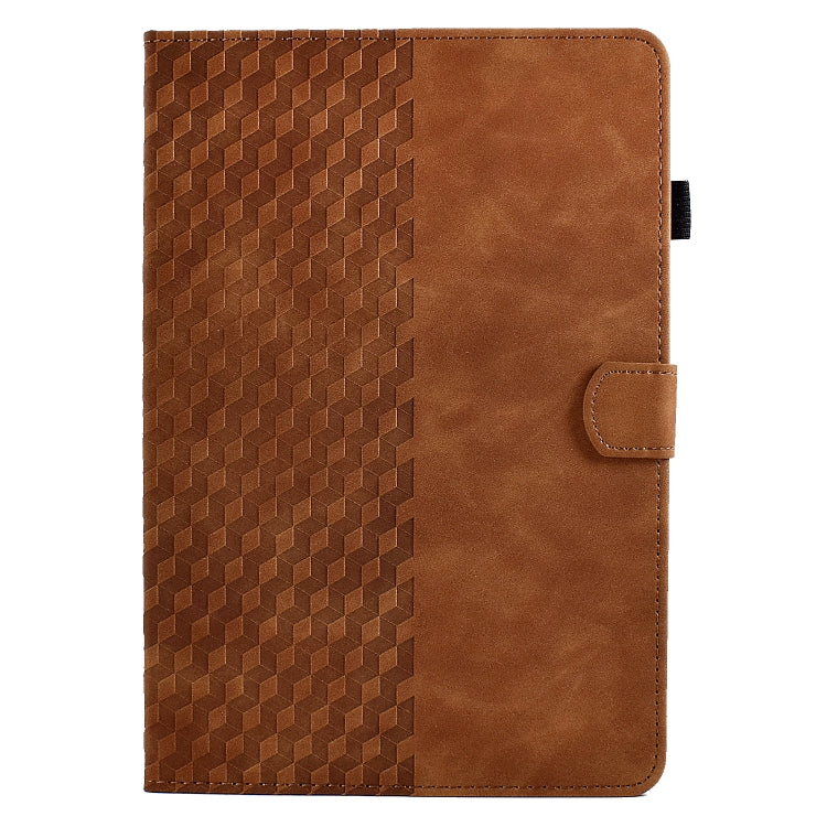 Brown rhombus-embossed leather tablet case with side pocket and secure cover flap