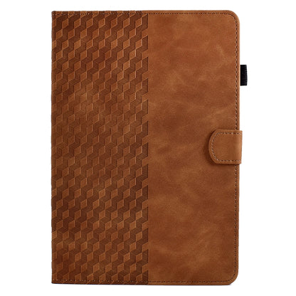 Brown rhombus-embossed leather tablet case with side pocket and secure cover flap