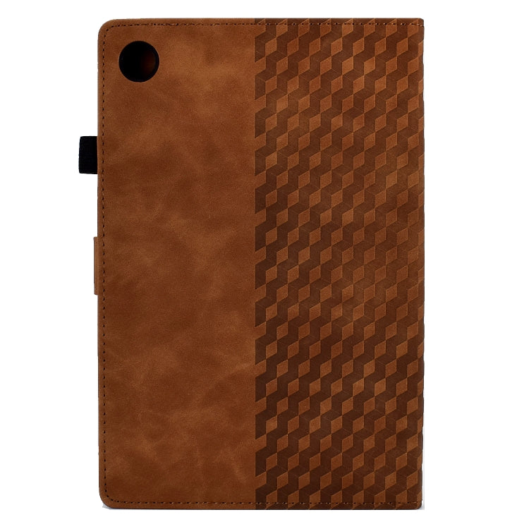 Brown leather tablet case with rhombus emboss pattern and top camera cutout