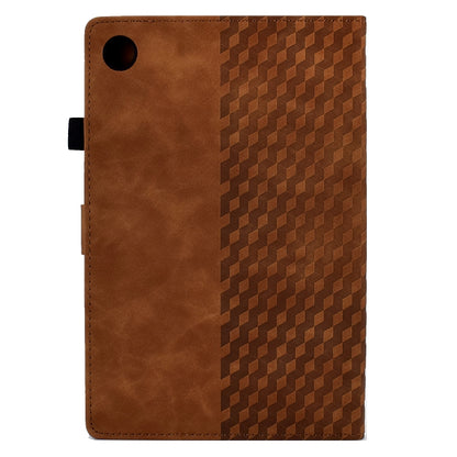 Brown leather tablet case with rhombus emboss pattern and top camera cutout