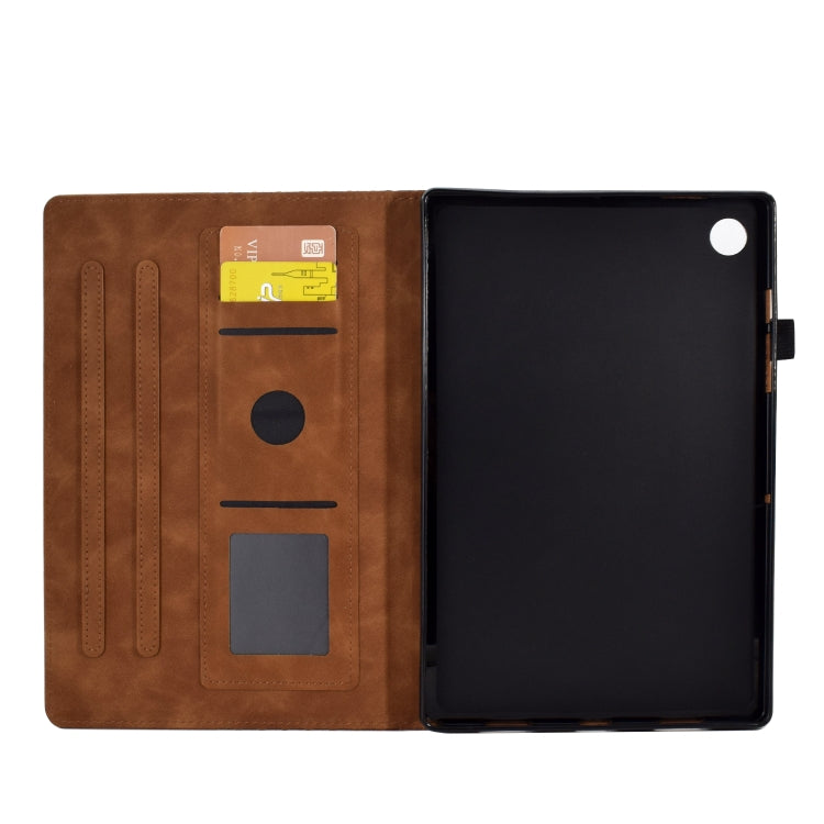 Brown leather tablet case opened, showing card slots and black interior tablet holder