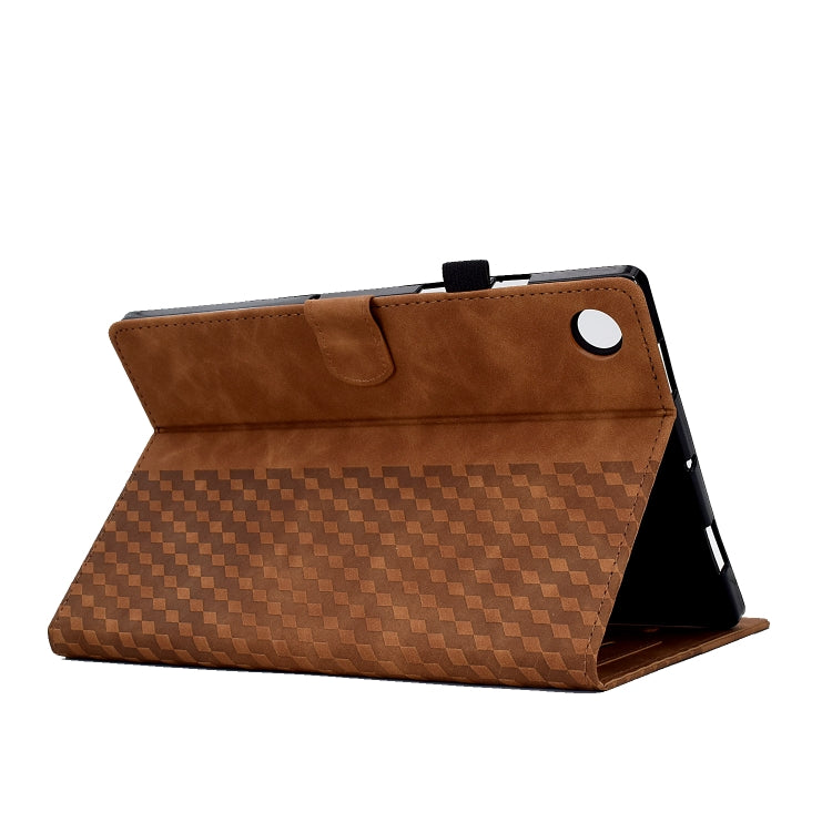 Brown rhombus-embossed leather tablet case with foldable stand viewing angle