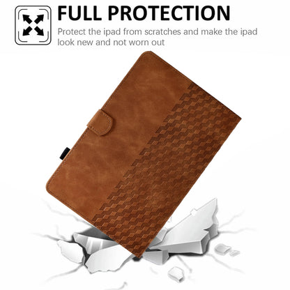 Brown rhombus-embossed leather tablet case with buckle strap and front cover
