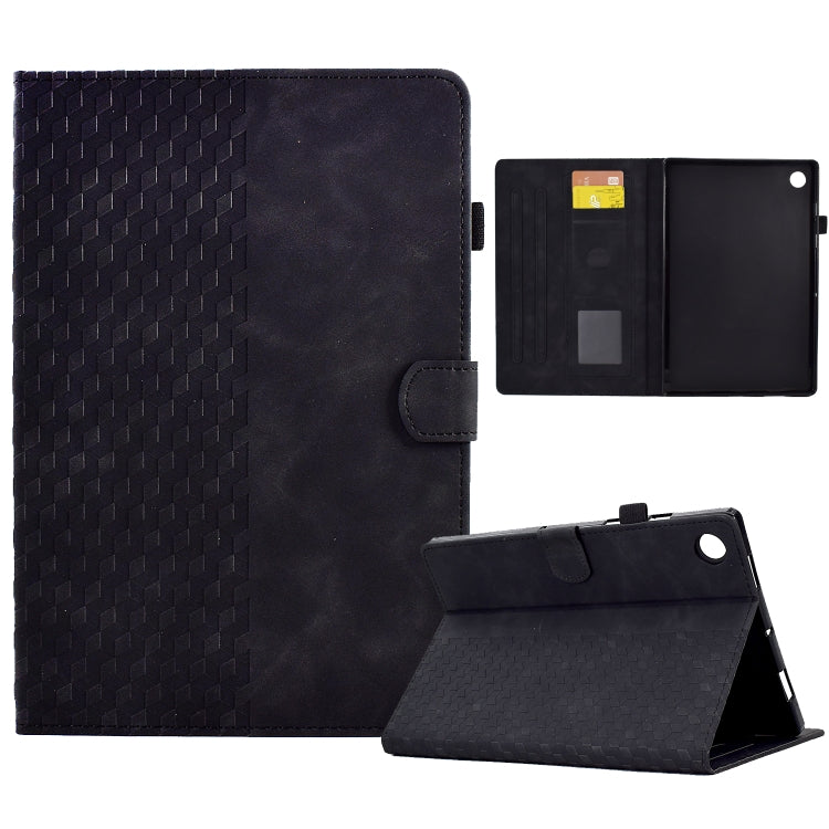 Black rhombus-embossed leather tablet case with side pocket and front stand
