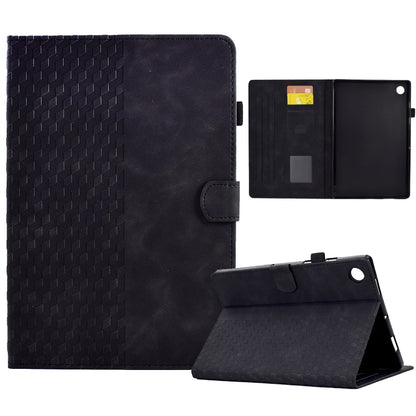 Black rhombus-embossed leather tablet case with side pocket and front stand