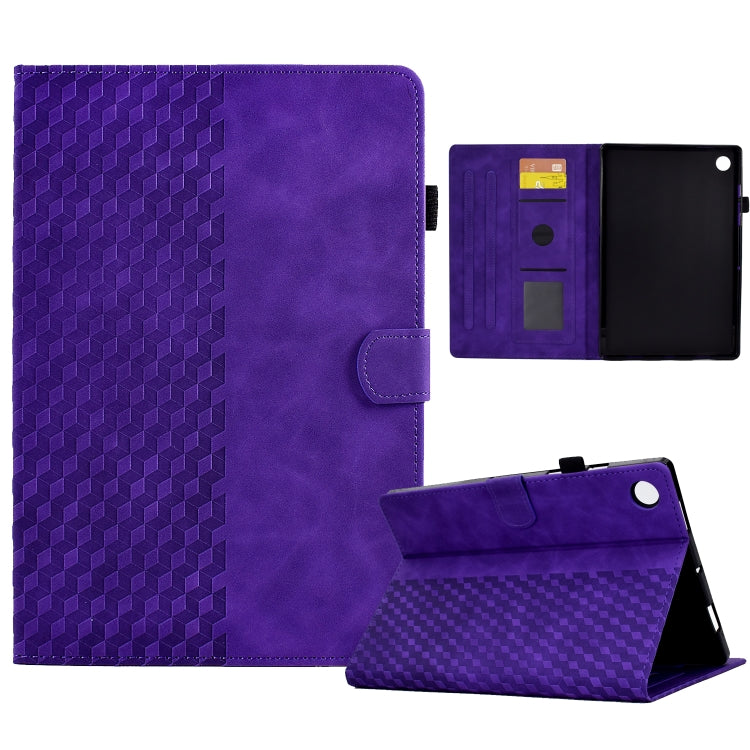Purple rhombus-embossed leather tablet case with side pocket and front stand