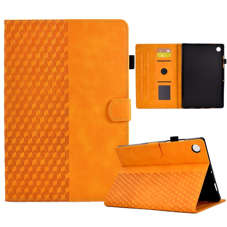 Orange rhombus-embossed leather tablet case with card slots and foldable stand