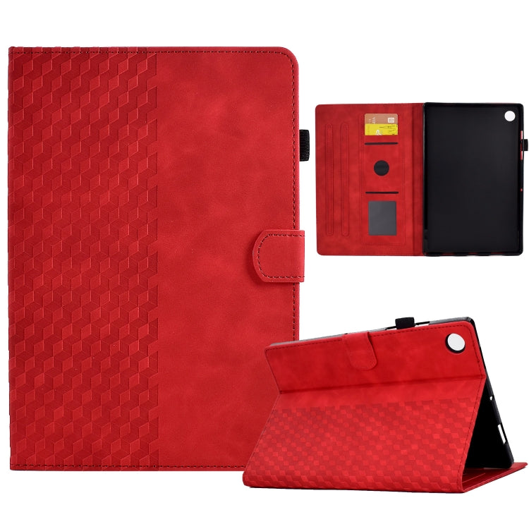 Red rhombus-embossed leather tablet case with stand and magnetic strap