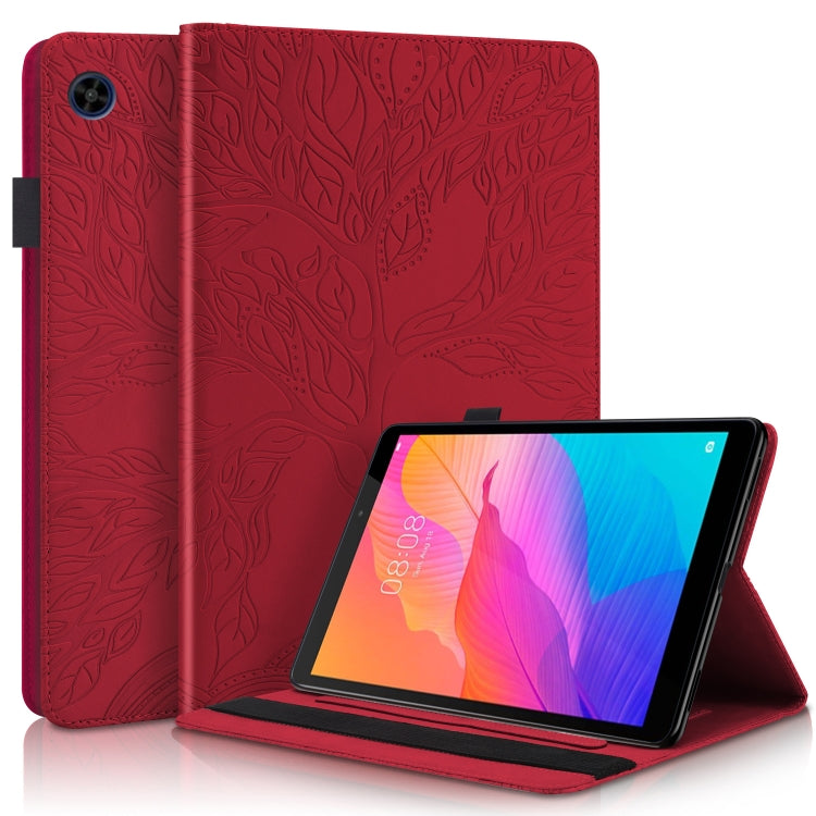 Red embossed flip tablet case with front stand for angled viewing