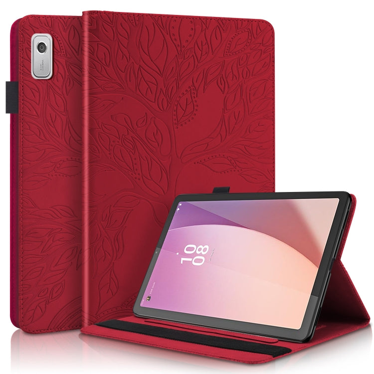 Red embossed flip leather tablet case with leaf pattern, stand, and device cutout