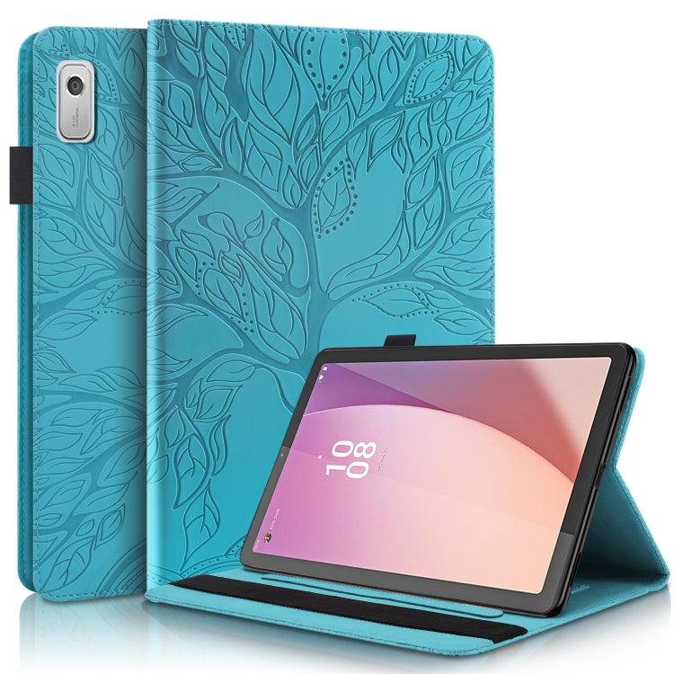 Lake blue embossed flip leather tablet case with leaf pattern and tablet stand