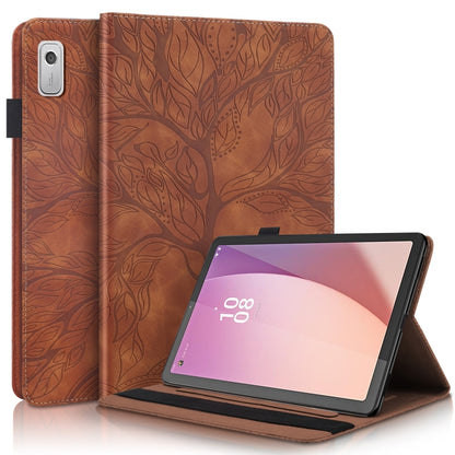 Brown embossed flip leather tablet case with leaf pattern and kickstand