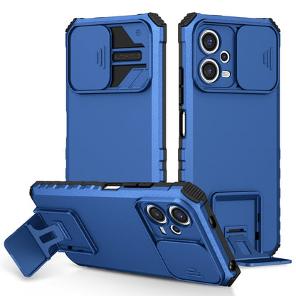 Blue rugged phone case with sliding camera cover and built-in stand