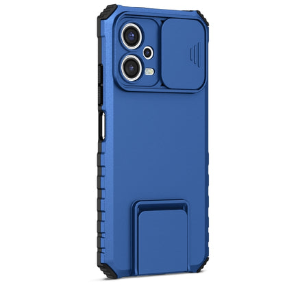 Blue rugged phone case with dual camera cutouts and protective stand