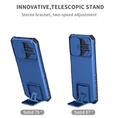 Blue rugged phone case with telescopic stand, two viewing angles