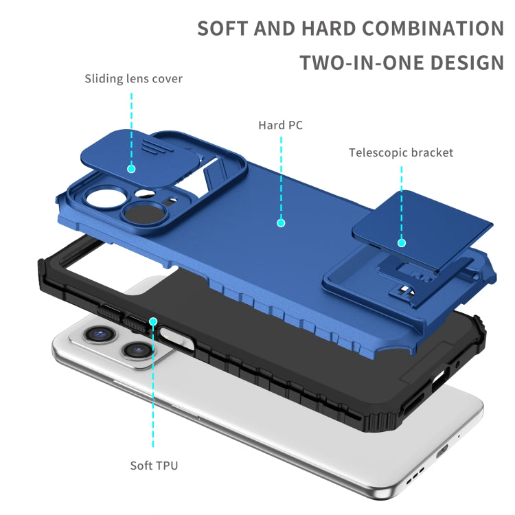 Blue rugged phone case with sliding lens cover and telescopic bracket