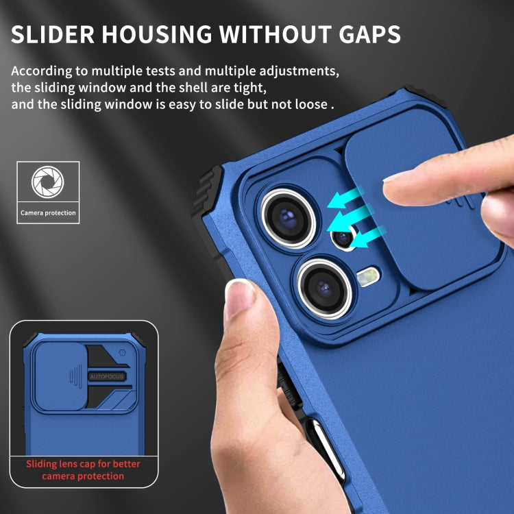 Blue rugged phone case with sliding window for camera protection