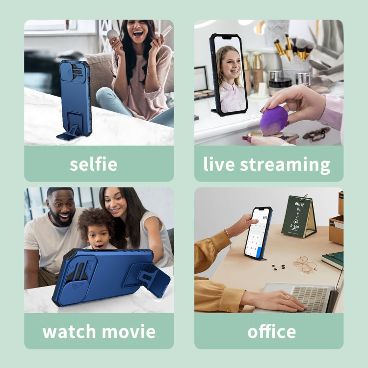 Blue rugged phone case with telescopic stand shown in use