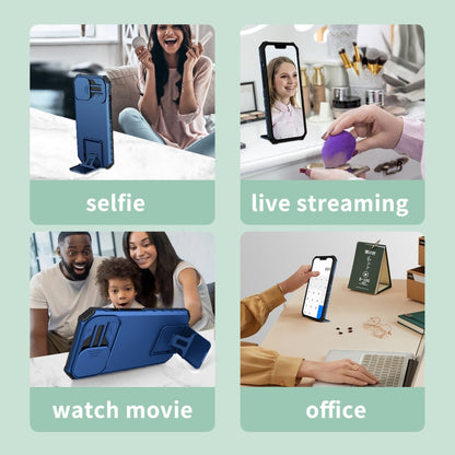 Blue rugged phone case with telescopic stand shown in use