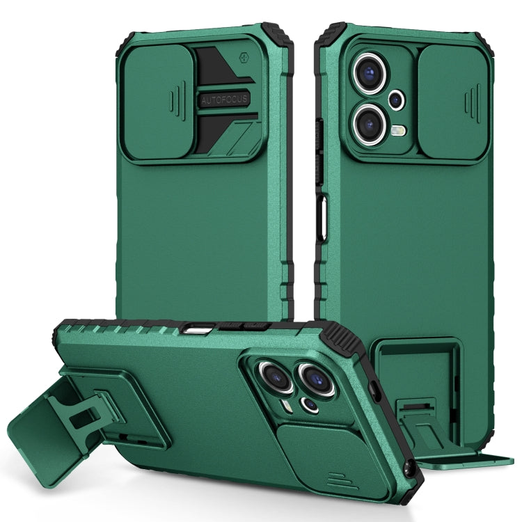 Green rugged phone case with sliding camera cover and built-in stand