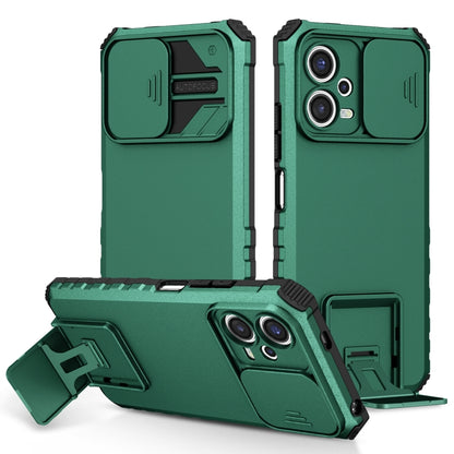Green rugged phone case with sliding camera cover and built-in stand
