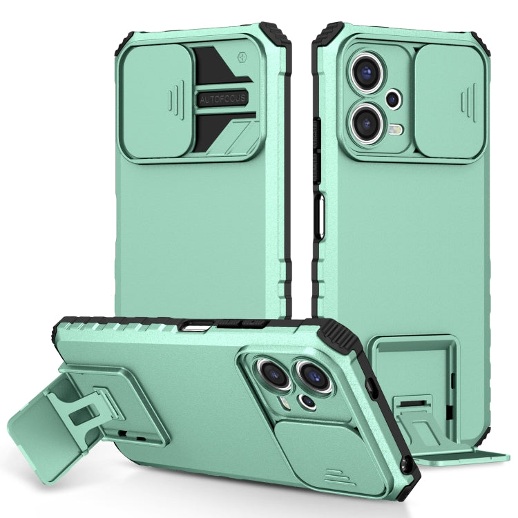 Light green rugged phone case with sliding camera cover and protective stand