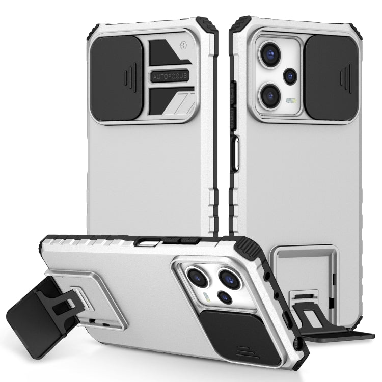 White rugged phone case with sliding camera shield, kickstand holder, and cutouts