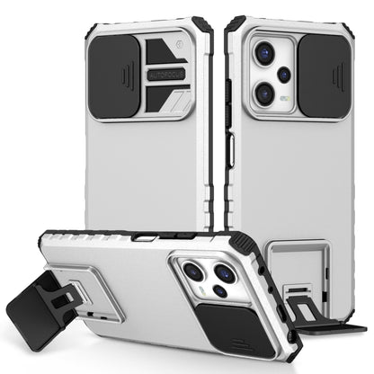 White rugged phone case with sliding camera shield, kickstand holder, and cutouts