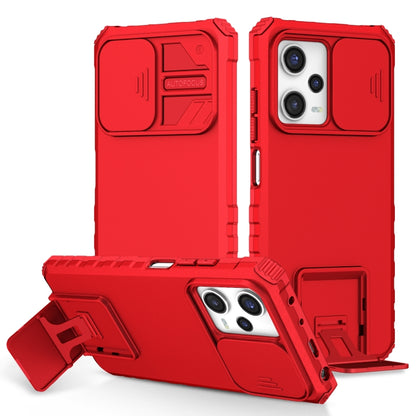 Red rugged phone case with sliding camera shield and kickstand holder