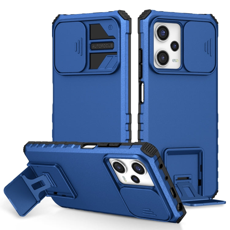 Blue rugged phone case set with sliding camera cover and kickstand