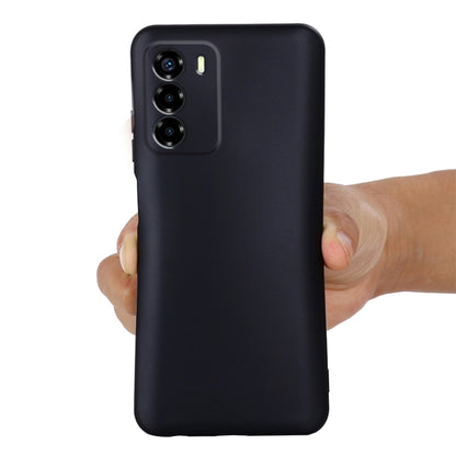 Black shockproof silicone phone case for ZTE Blade V40 Vita, back view with camera cutouts