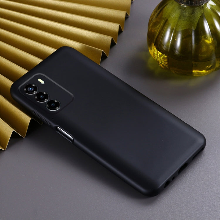 Black shockproof silicone phone case for ZTE Blade V40 Vita, back view with camera openings