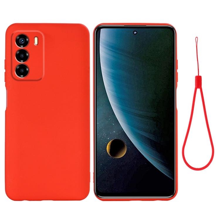Red shockproof silicone phone case for ZTE Blade V40 Vita, full coverage, with lanyard