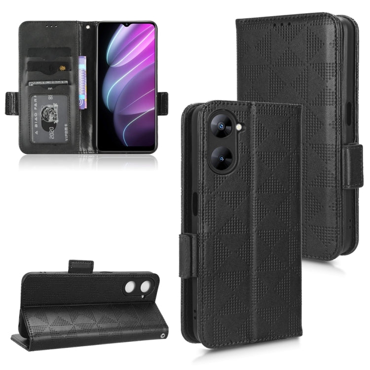 Black leather phone case, symmetric triangle texture; folio flip with stand and card slots