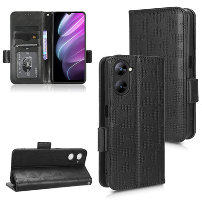 Black leather phone case, symmetric triangle texture; folio flip with stand and card slots