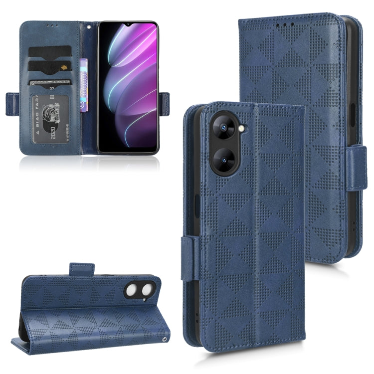 Blue leather phone case with symmetric triangle texture; folio flip with stand and card slots