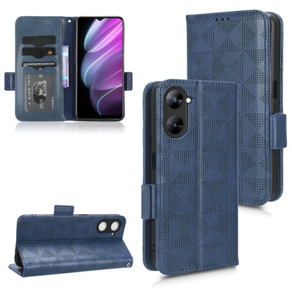 Blue leather phone case with symmetric triangle texture; folio flip with stand and card slots