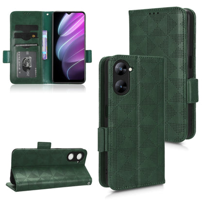 Green leather folio phone case with geometric cutout texture and side strap
