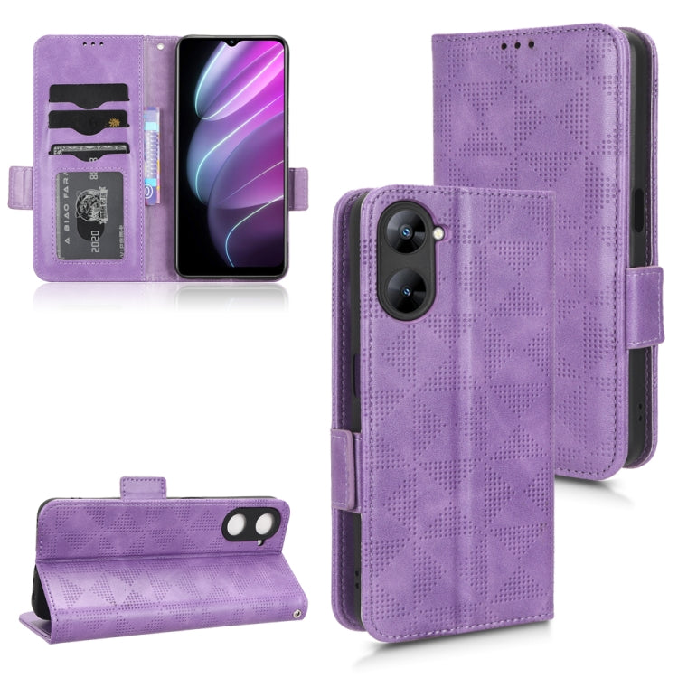 Purple leather folio phone case with geometric cutout texture and side strap