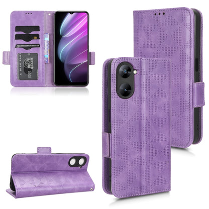 Purple leather folio phone case with geometric cutout texture and side strap