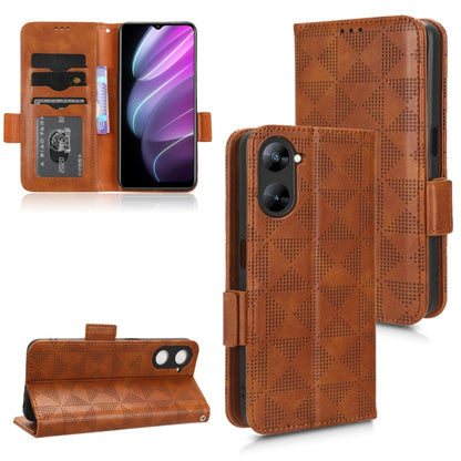 Brown leather folio phone case with geometric cutout texture and side strap