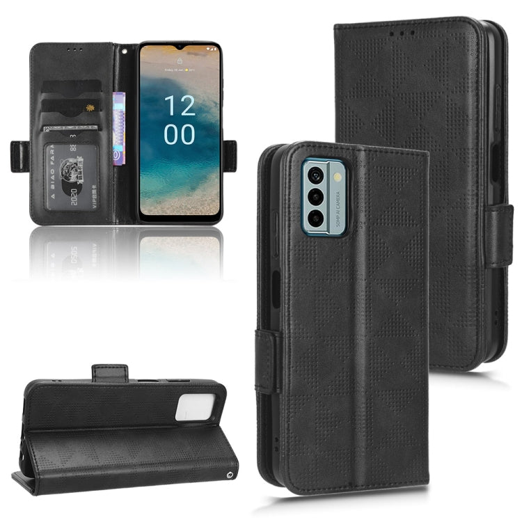 Black leather phone case with symmetric triangle texture, folio flip and wrist strap