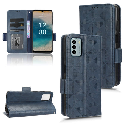 Blue leather phone case with symmetric triangle texture and folio flip cover